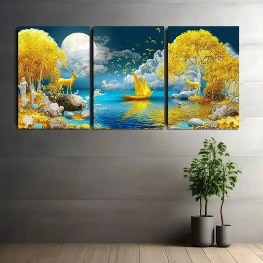 3pcs Fantasy Landscape with Yellow Trees Metal Print Ready to Hang Art