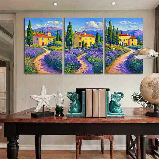 3pcs Vibrant Pastoral Serene Lavender & Cypress Metal Print Ready to Hang Art