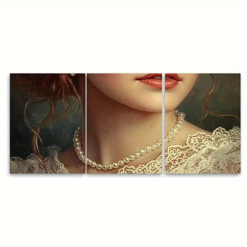 3pcs Woman with Pearls and Lace Victorian-Style Metal Print Ready to Hang Art