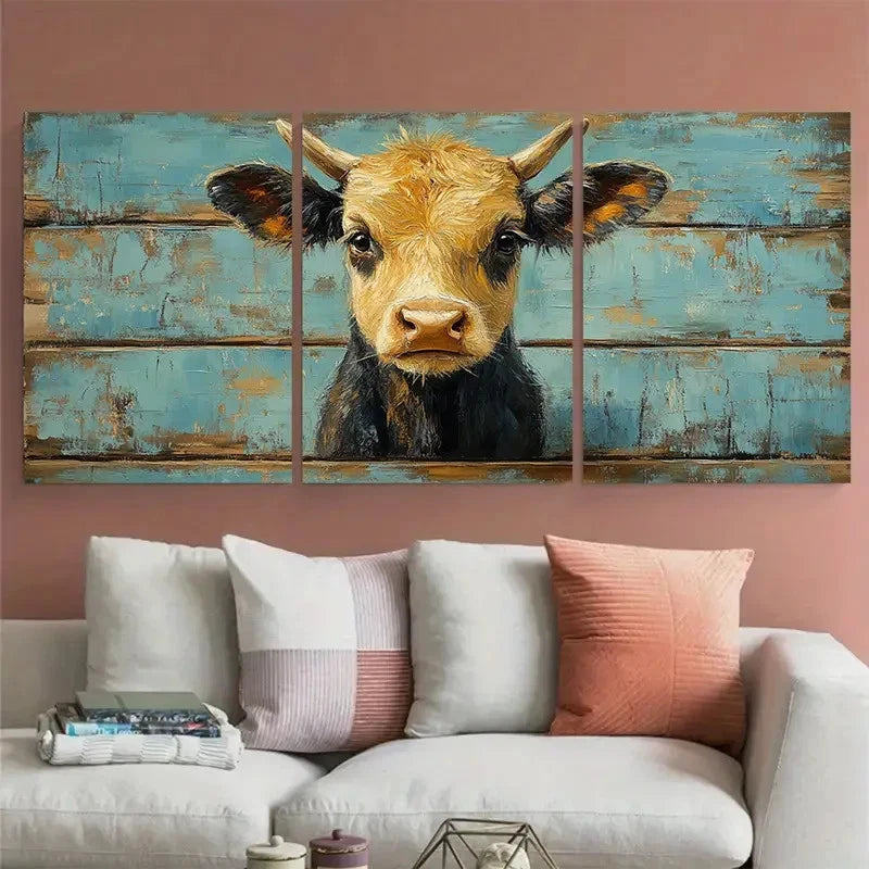 3pcs Cow Rustic Animals Farmhouse Illustration Metal Print Ready to Hang Art