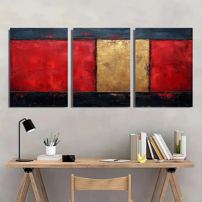 3pcs Abstract Red Beige & Golden Textured Metal Print Ready to Hang Art