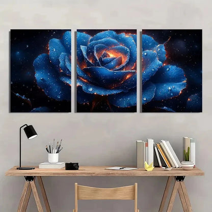 3pcs Blue Rose Fantasy Sparkling Floral Metal Print Ready to Hang Art