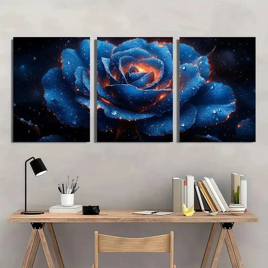 3pcs Blue Rose Fantasy Sparkling Floral Metal Print Ready to Hang Art