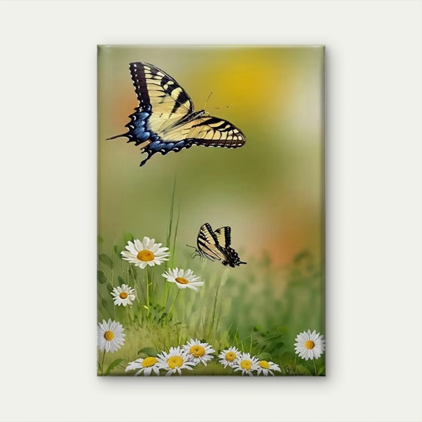 Butterfly Daisies Nature Oil Painting Metal Print Ready to Hang
