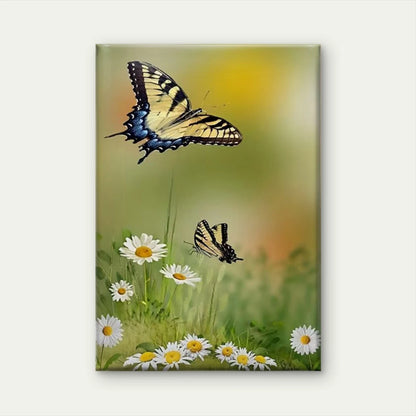 Butterfly Daisies Nature Oil Painting Metal Print Ready to Hang