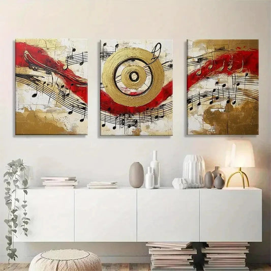 3pcs Modern Abstract Music Red & Golden Swirl Metal Print Ready to Hang Art