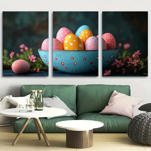 3pcs Colorful Eggs in Blue Bowl Design Metal Print Ready to Hang Art
