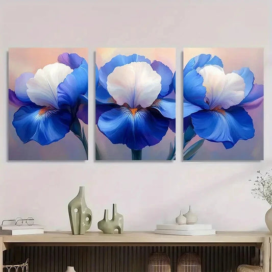 3pcs Vibrant Blue & White Iris Bouquet Metal Print Ready to Hang Art
