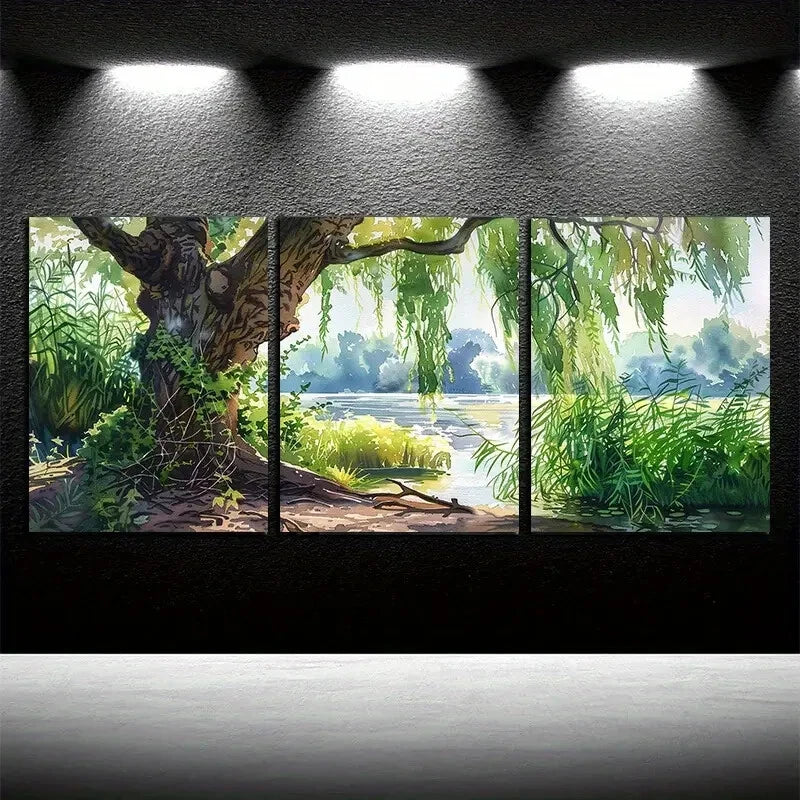 3pcs Nature Scenes with Willow Trees and lake View Metal Print Ready to Hang Art