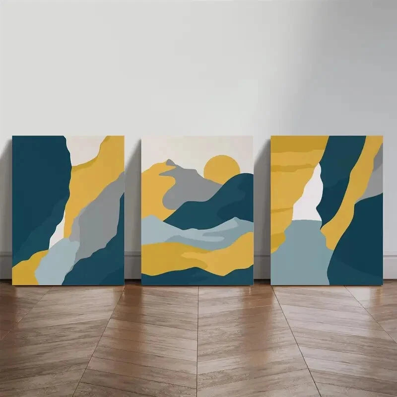 3pcs Bohemian Style Abstract Golden Mountain Metal Print Ready to Hang Art