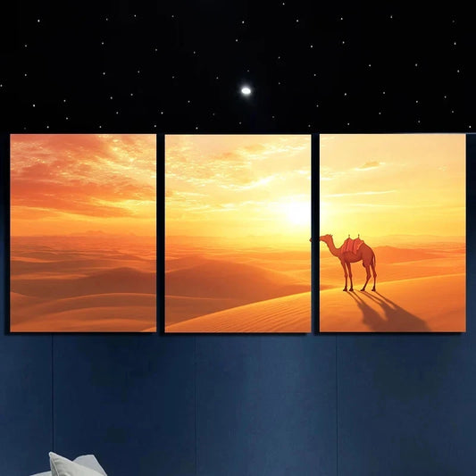3pcs Camels in the Desert Sunset Metal Print Ready to Hang Art
