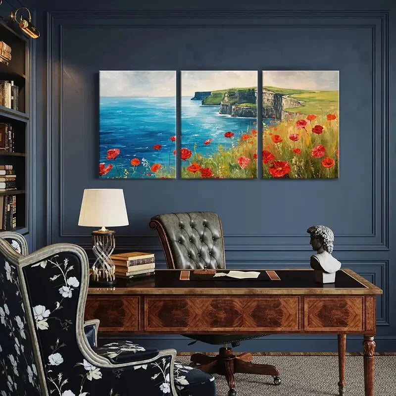 3pcs Artistic Ocean Cliffs Landscape Red Flowers Metal Print Ready to Hang Art