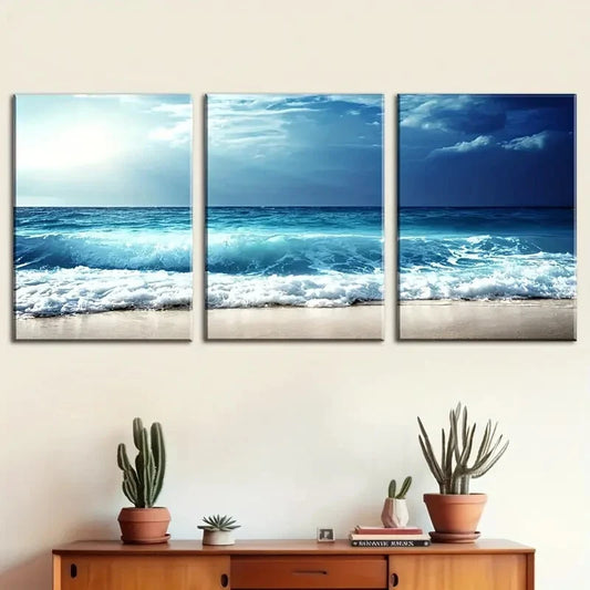 3pcs Ocean Scenery Decor Wave Beach Posters Metal Print Ready to Hang Art