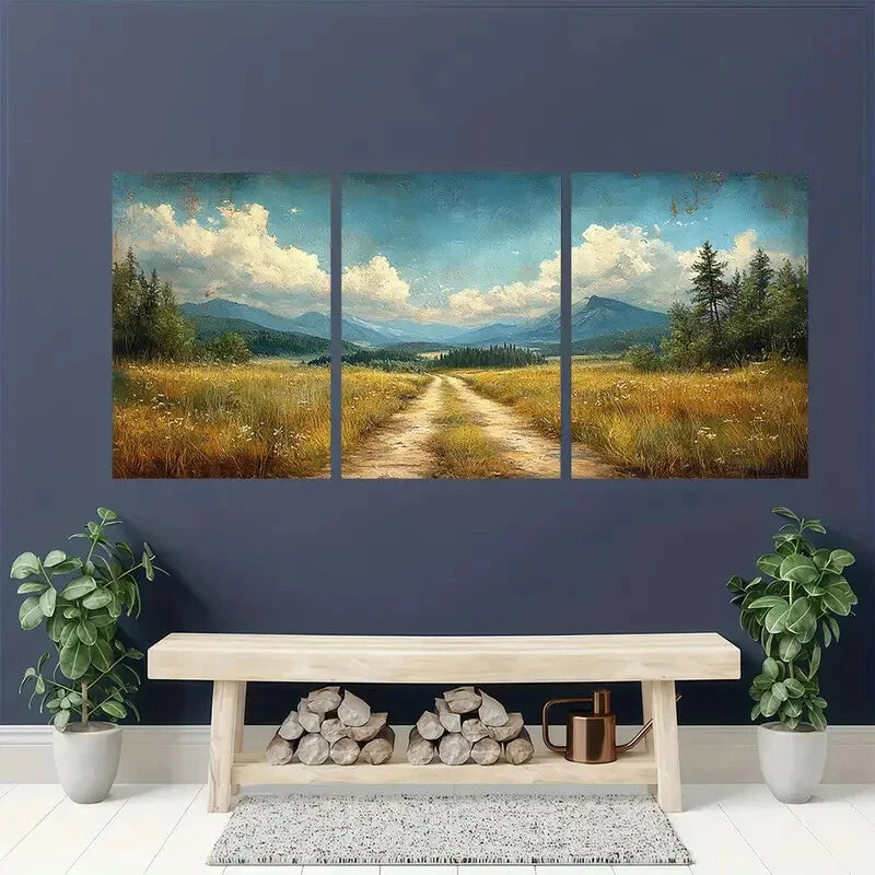 3pcs Rustic Countryside Pathway Landscape Metal Print Ready to Hang Art