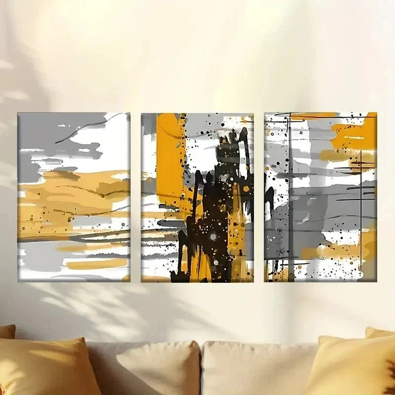 3pcs  painting with yellow and black paint Wall Art Set Canvas Framed 40x60cm - High Quality Print 100% Australian Made Wall Canvas Ready to Hang