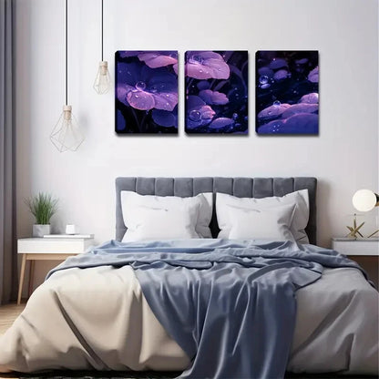 3pcs Purple Leaves Dotted Water Drop Perfect Wall Art Set Canvas Framed 40x60cm - High Quality Print 100% Australian Made Wall Canvas Ready to Hang