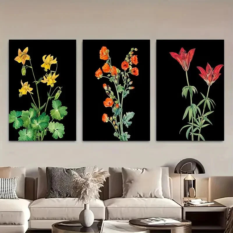 3pcs Vibrant Wildflower Black Botanical Prints Metal Print Ready to Hang Art