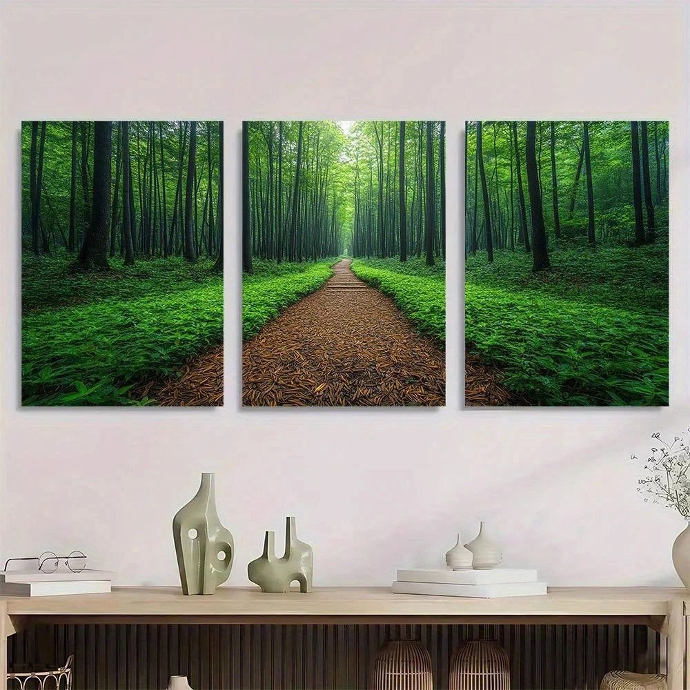 3pcs Bamboo Forest Path Serene Green Metal Print Ready to Hang Art