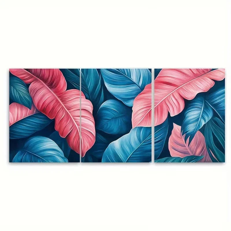 3pcs Bright Pink Blue Teal Exotic Leaves Wall Art Set Canvas Framed 50x70cm - High Quality Print 100% Australian Made Wall Canvas Ready to Hang