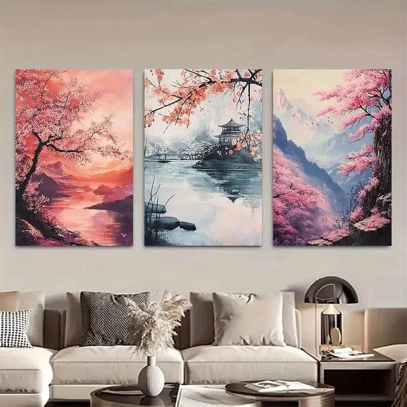 3pcs Japanese Sakura Blossom Landscapes Metal Print Ready to Hang Art
