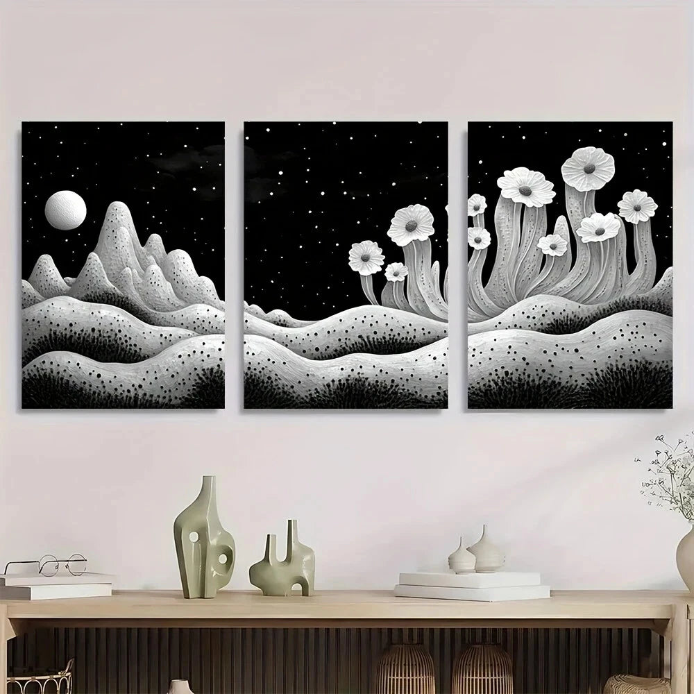 3pcs Black and White Acrylic Moonlit Metal Print Ready to Hang Art