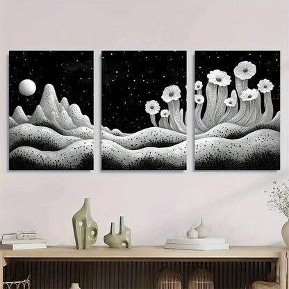 3pcs Black and White Acrylic Moonlit Metal Print Ready to Hang Art