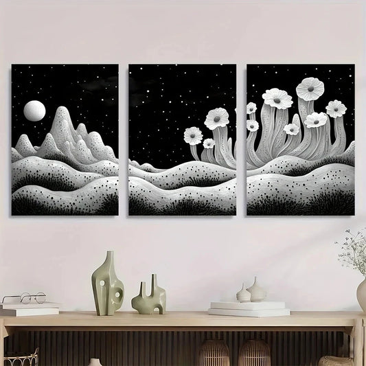 3pcs Black and White Acrylic Moonlit Metal Print Ready to Hang Art