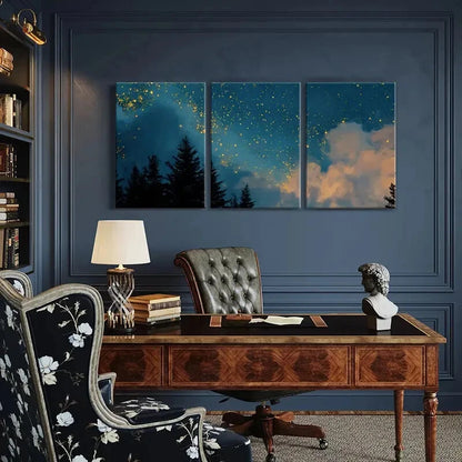 3pcs Starry Night Sky Pine Trees Silhouette Metal Print Ready to Hang Art