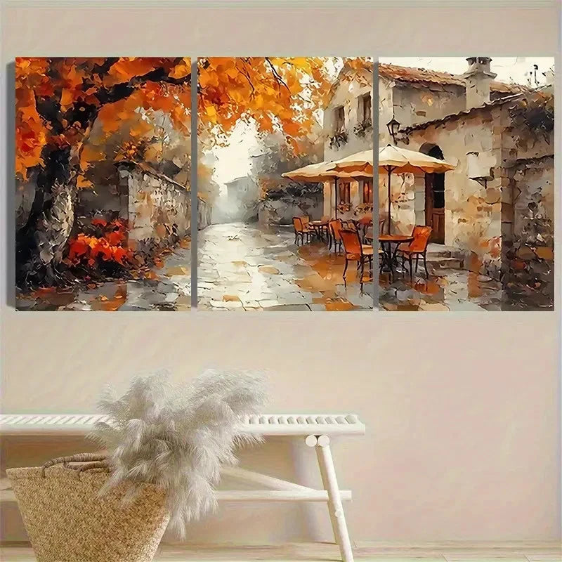 3pcs Autumn Townscape Painting Wall Art Set Canvas Framed 40x60cm - High Quality Print 100% Australian Made Wall Canvas Ready to Hang