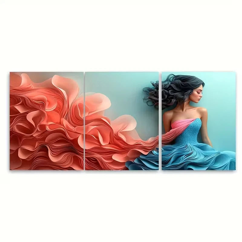 3pcs Woman in Blue Pink Dress Metal Print Ready to Hang Art