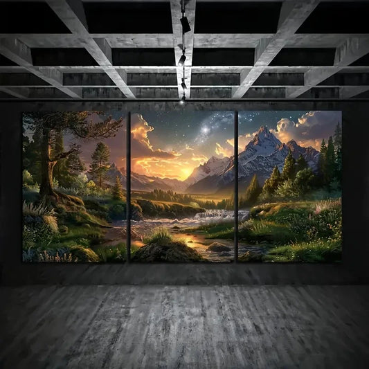 3pcs Forest and River Scenes Starry Night Sky Metal Print Ready to Hang Art
