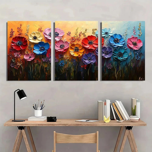 3pcs Abstract Colorful Flower Oil Painting Metal Print Ready to Hang Art