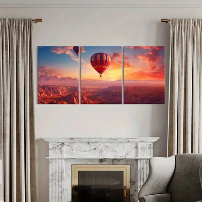 3pcs Hot Air Balloon Landscape Sunset Glow Metal Print Ready to Hang Art