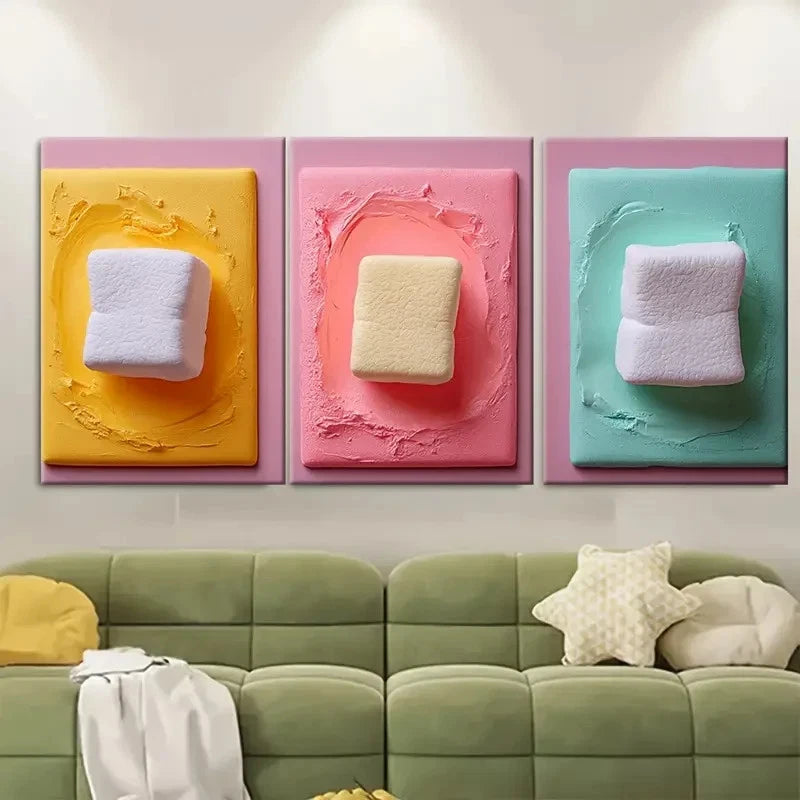 3pcs Soft Marshmallows Metal Print Ready to Hang Art