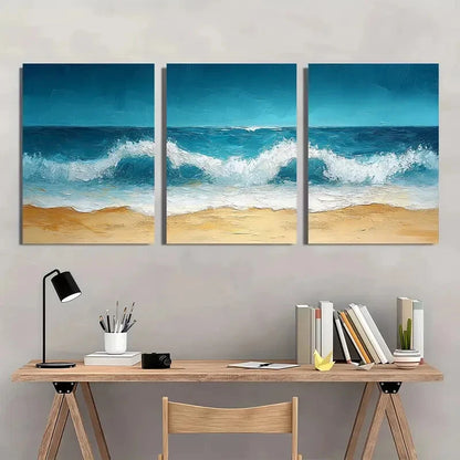 3pcs Abstract Minimalist Beach Oil Painting Metal Print Ready to Hang Art