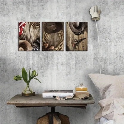 3pcs Rustic Western Cowboy Vintage Revolvers Hats Metal Print Ready to Hang Art
