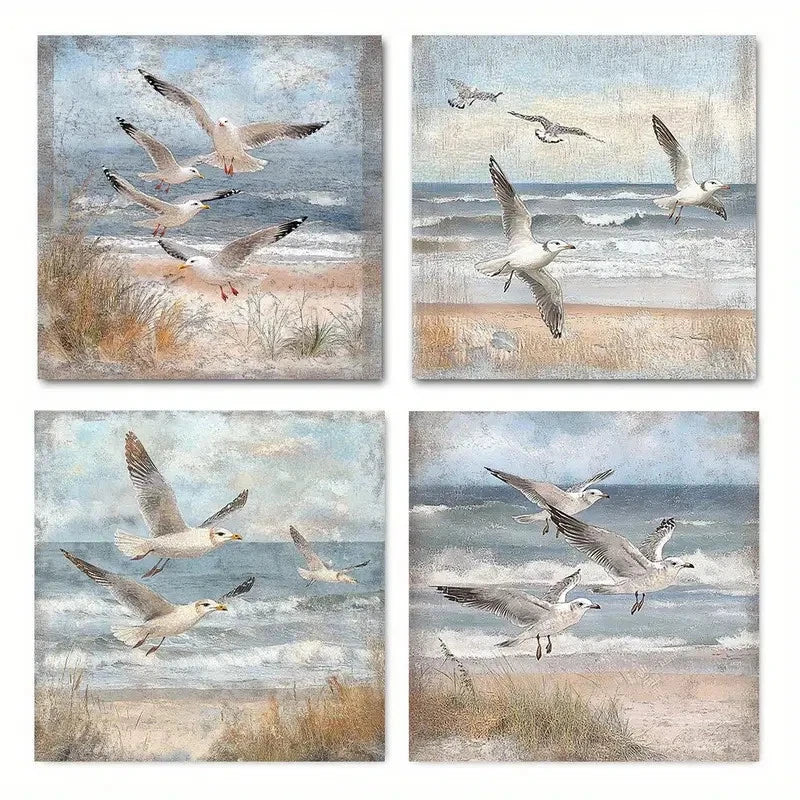 4pcs Seagulls By The Sea Wall Art Canvas Framed