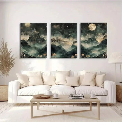3pcs Mystical Mountain and Moonlit Metal Print Ready to Hang Art