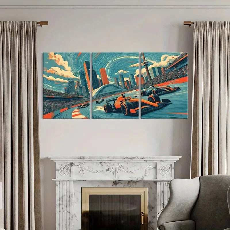 3pcs Cityscape Racing Art Formula One Cars Metal Print Ready to Hang Art