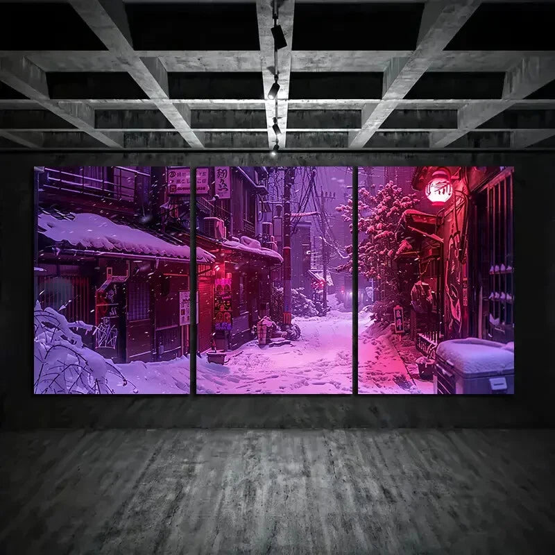 3pcs Japanese Snowy Alley Night Scene Metal Print Ready to Hang Art