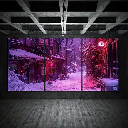 3pcs Japanese Snowy Alley Night Scene Metal Print Ready to Hang Art