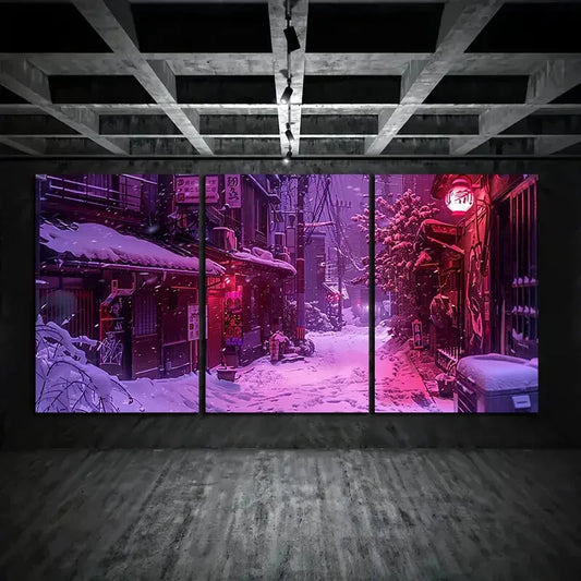 3pcs Japanese Snowy Alley Night Scene Metal Print Ready to Hang Art