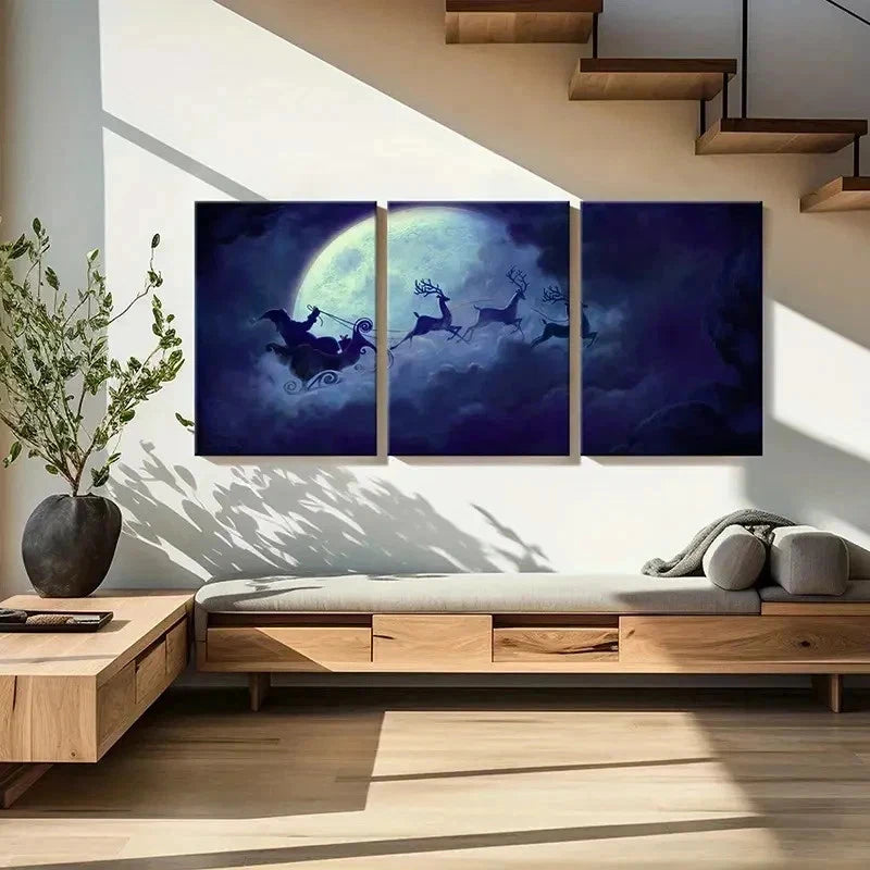 3pcs Santa Claus And Reindeer Under The Moon Wall Art Set Canvas Framed 40x60cm - High Quality Print 100% Australian Made Wall Canvas Ready to Hang
