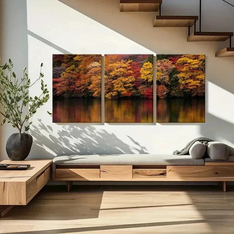 3pcs Red Yellow Trees On The Lake Bank Wall Art Set Canvas Framed 40x60cm - High Quality Print 100% Australian Made Wall Canvas Ready to Hang