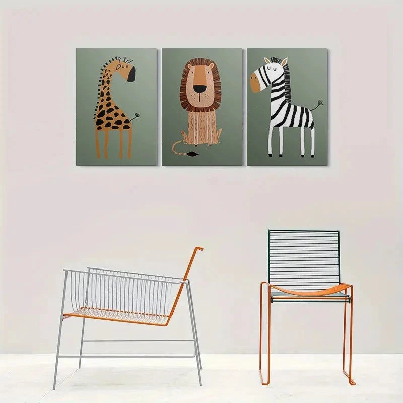 3pcs Adorable Cartoon Animal Giraffe Lion Zebra Metal Print Ready to Hang Art