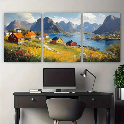 3pcs Lofoten Islands with Rustic Houses Design Metal Print Ready to Hang Art