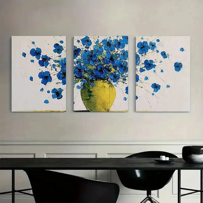 3pcs Blue Flowers in Yellow Vase Art Painting Metal Print Ready to Hang Art