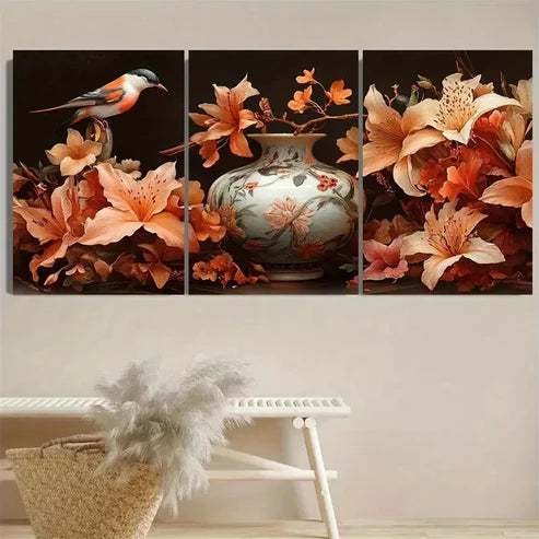 3pcs Vibrant Bird & Floral Vase Wall Art Set Canvas Unframed - High Quality Print 100% Australian Made Wall Canvas