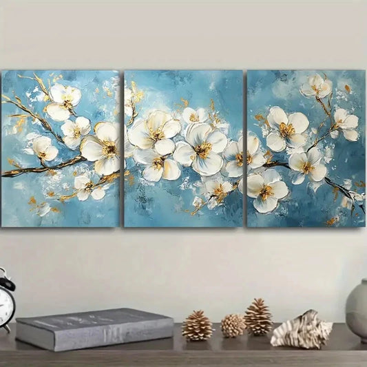 3pcs White Flowers on a Blue Background Metal Print Ready to Hang Art