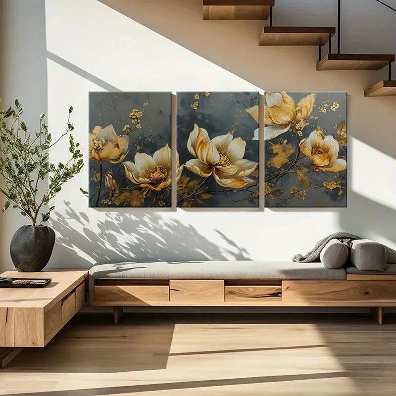 3pcs Elegant Golden Floral Metal Print Ready to Hang Art